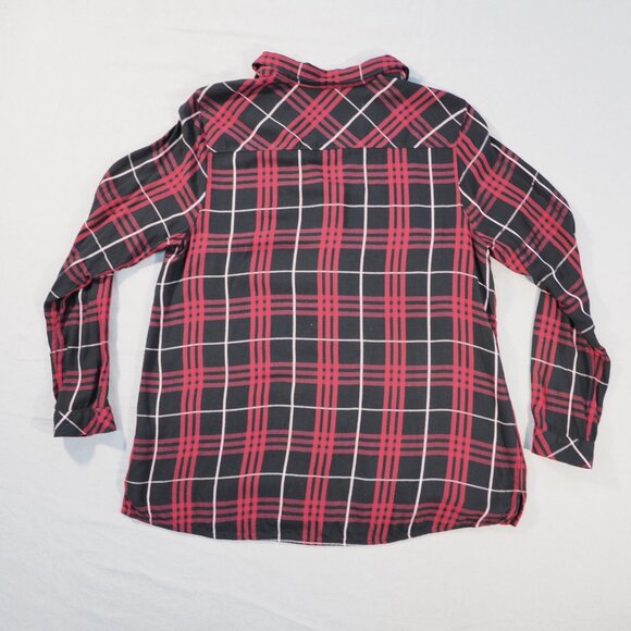 J Jill Shirt Womens Medium Burgandy Red Plaid Rayon Preppy Loose Flowy Cottage - Picture 2 of 8